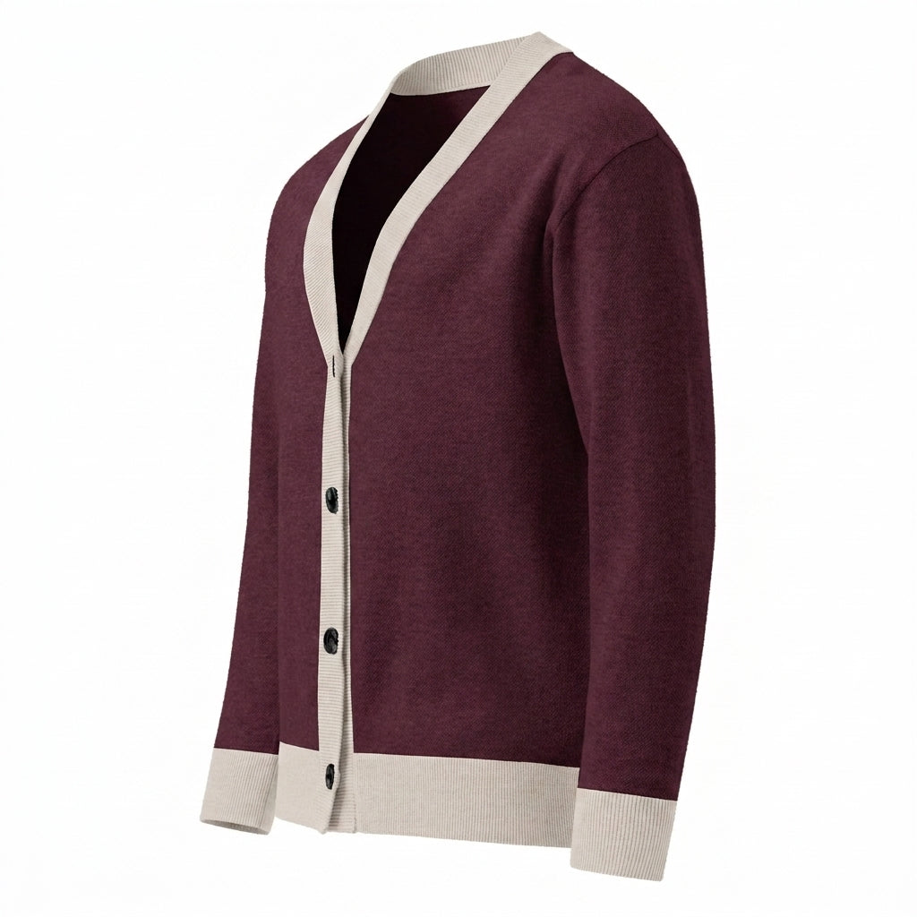 Public Prep Classic Knitted Cardigan in Maroon and Beige studio hero shot
