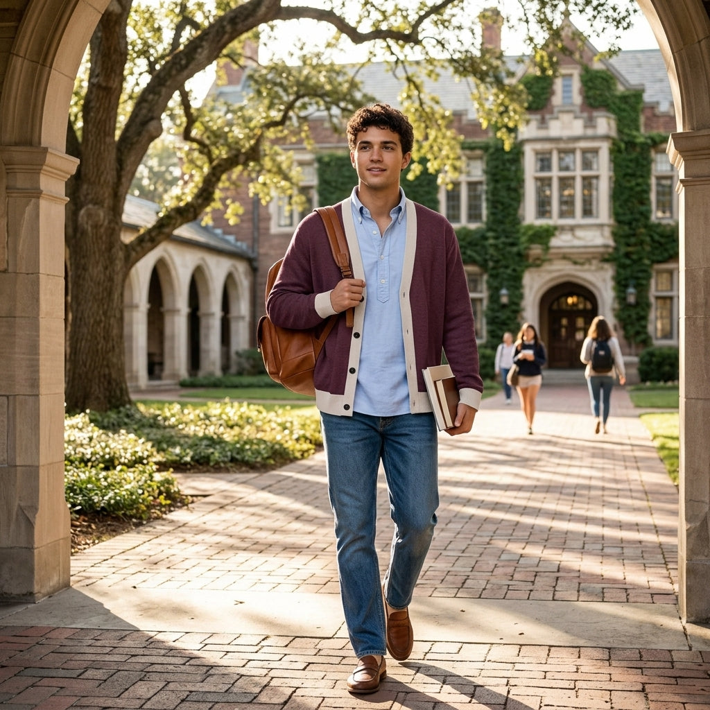 Public Prep Classic Knitted Cardigan in Maroon and Beige on model in campus courtyard