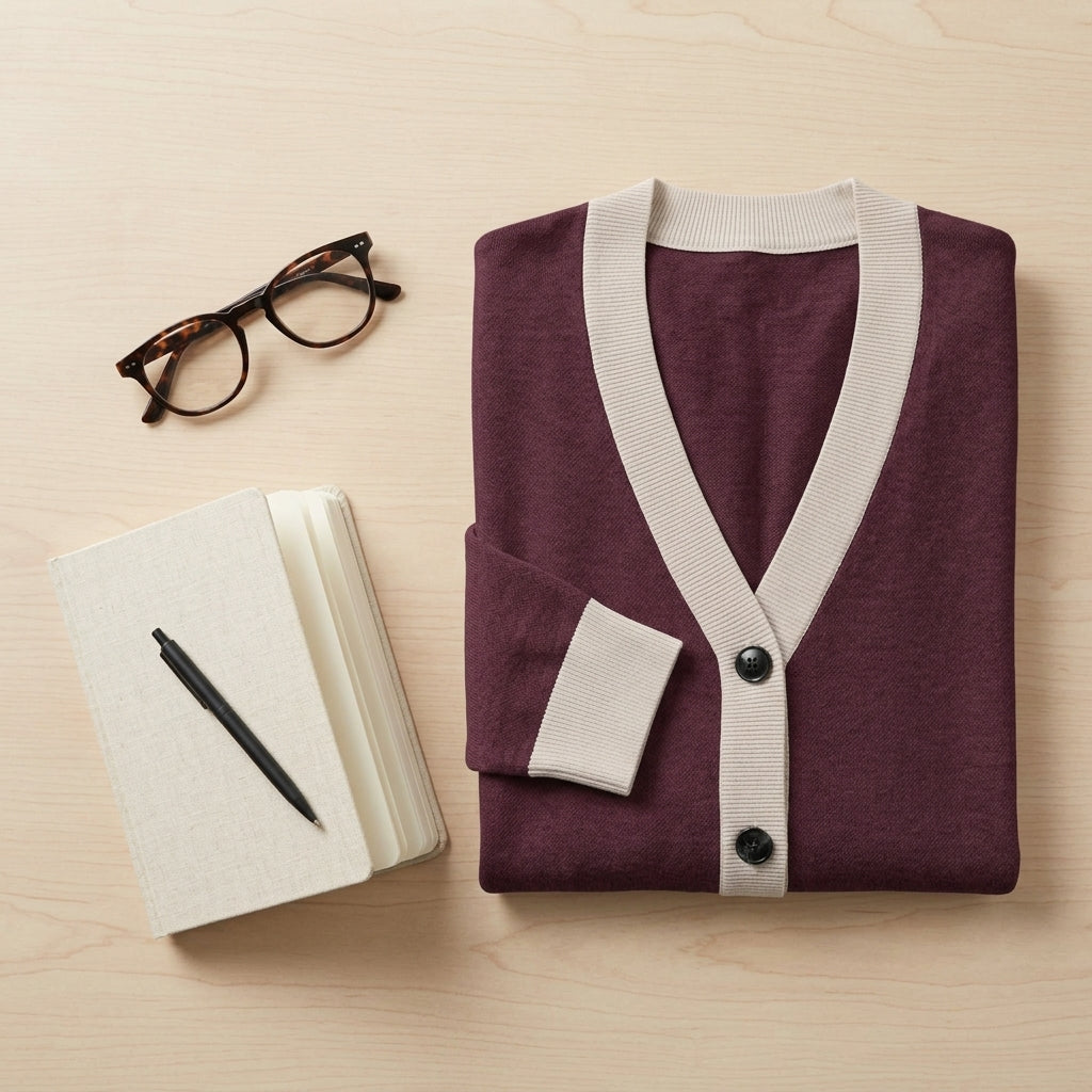 Public Prep Classic Knitted Cardigan in Maroon and Beige flat lay styled with accessories