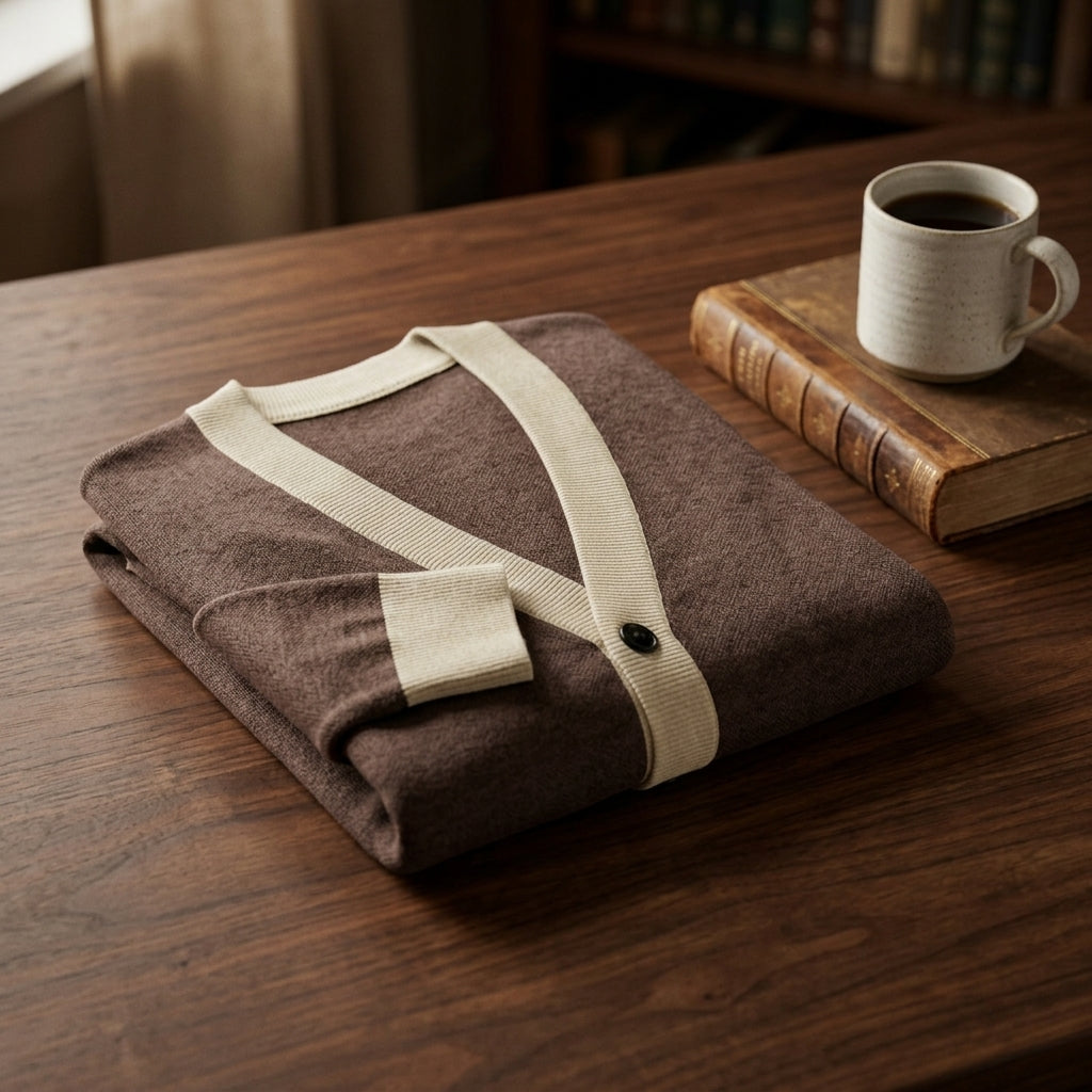 Public Prep Classic Knitted Cardigan in Brown & Cream folded on library table