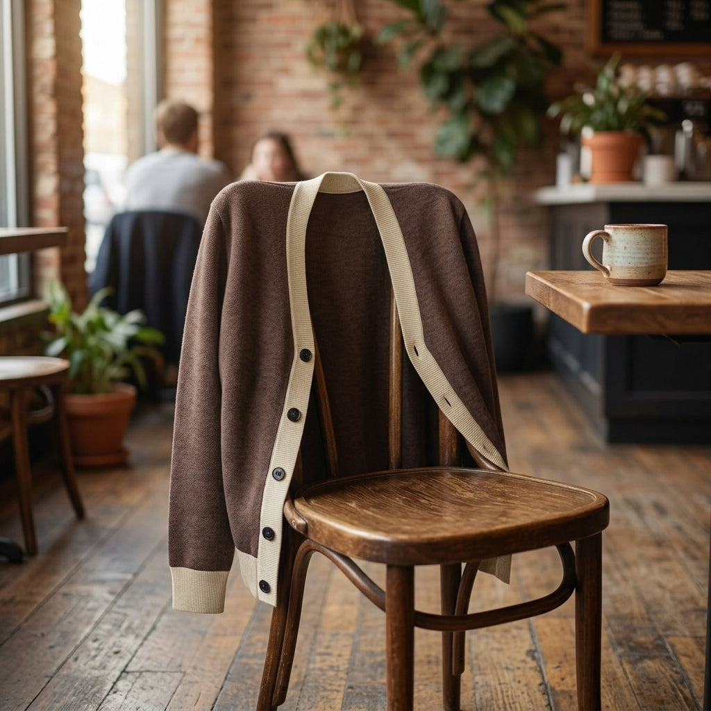 Public Prep Classic Knitted Cardigan in Brown & Cream styled in cozy cafe setting