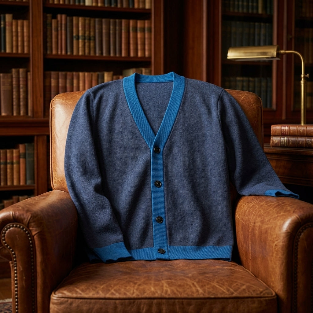 Public Prep Classic Knitted Cardigan in collegiate library setting