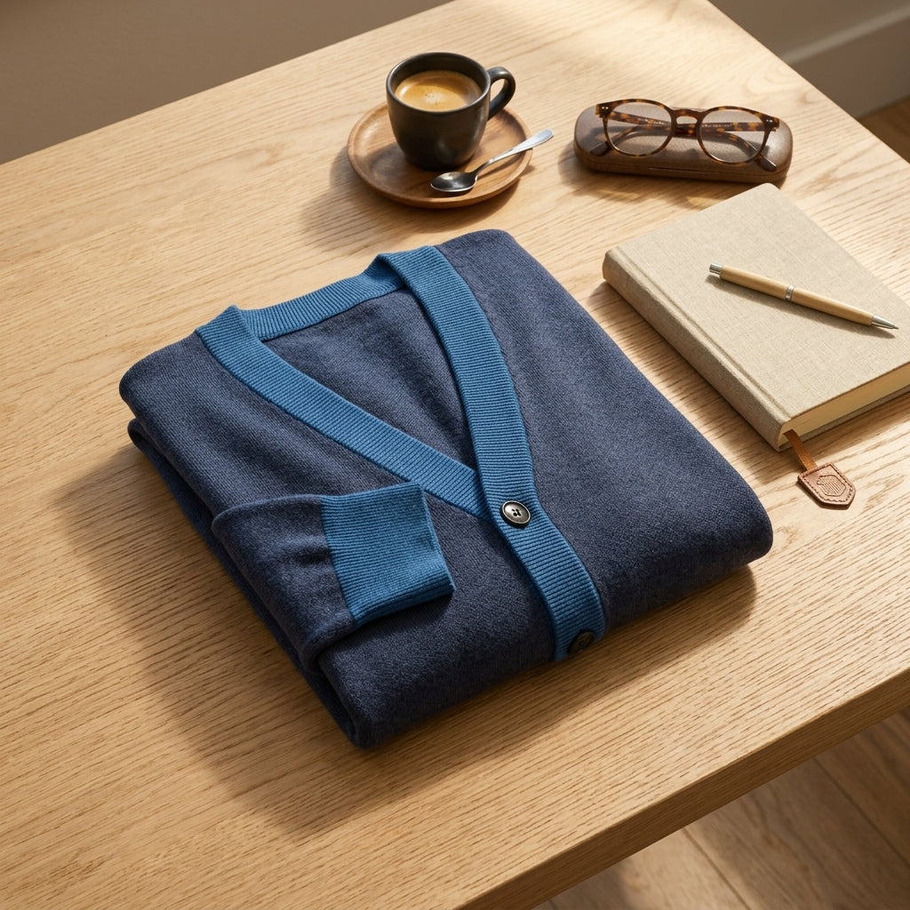 Public Prep Classic Knitted Cardigan flat lay on oak table