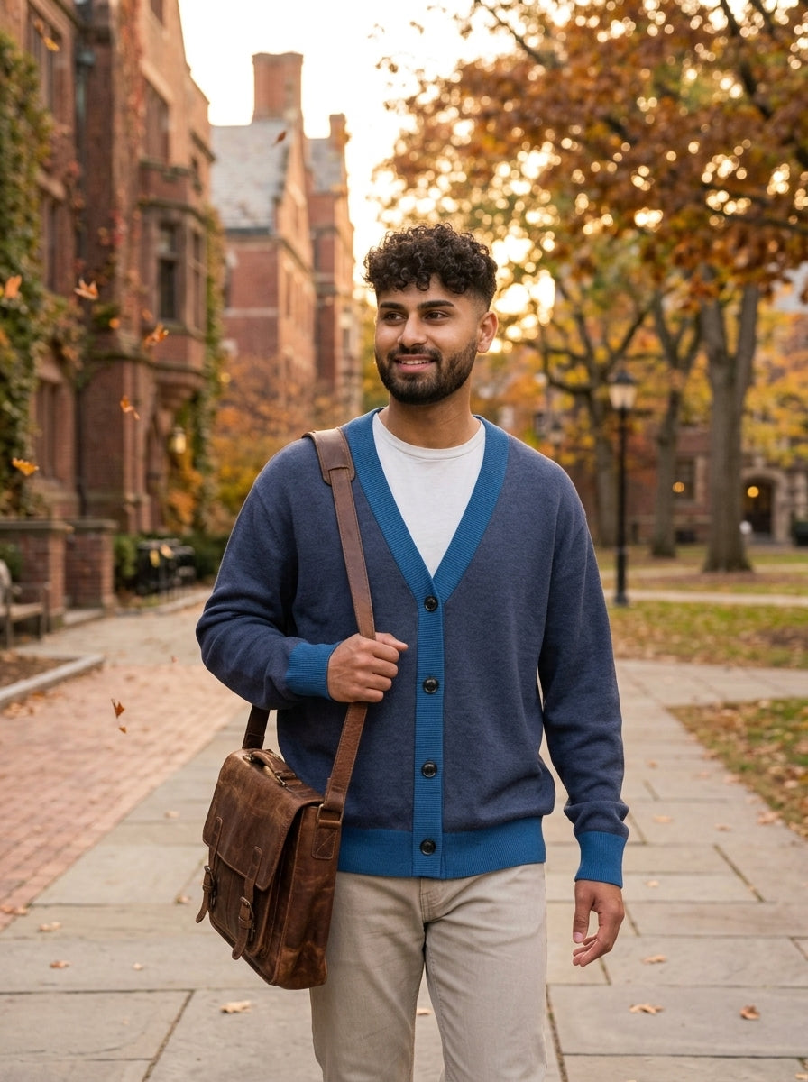 Public Prep Classic Knitted Cardigan on model - autumn campus lifestyle
