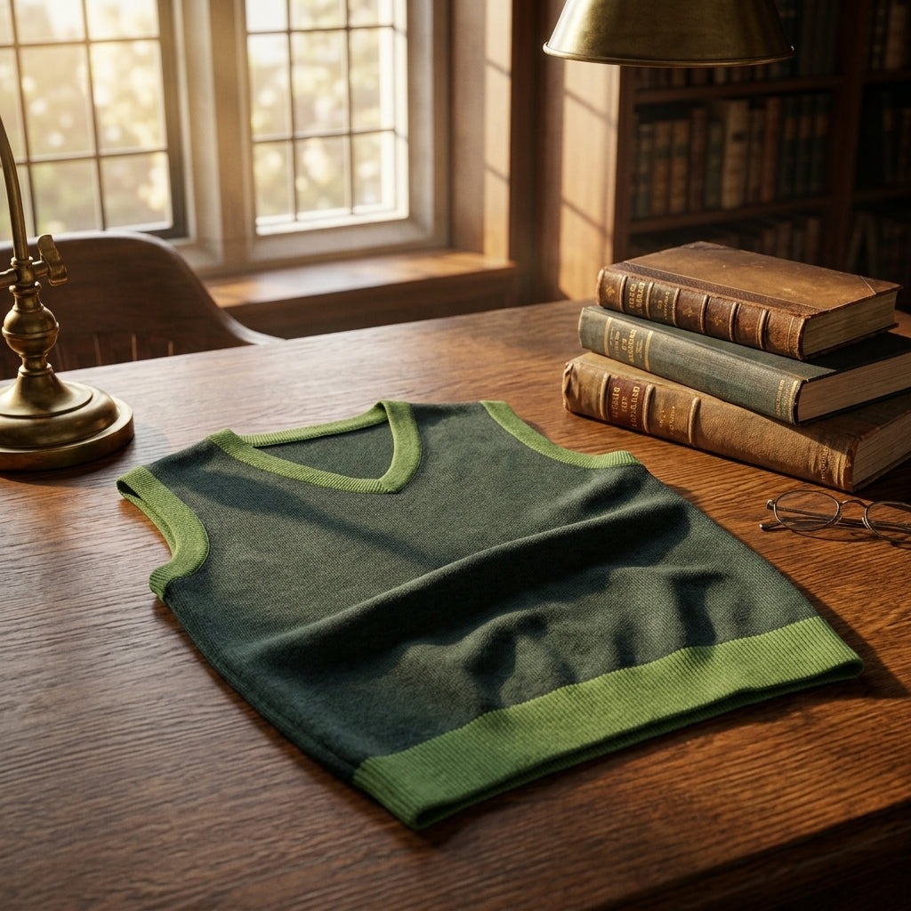 Knit V-neck sweater vest in pine and grass green styled on dark oak library desk