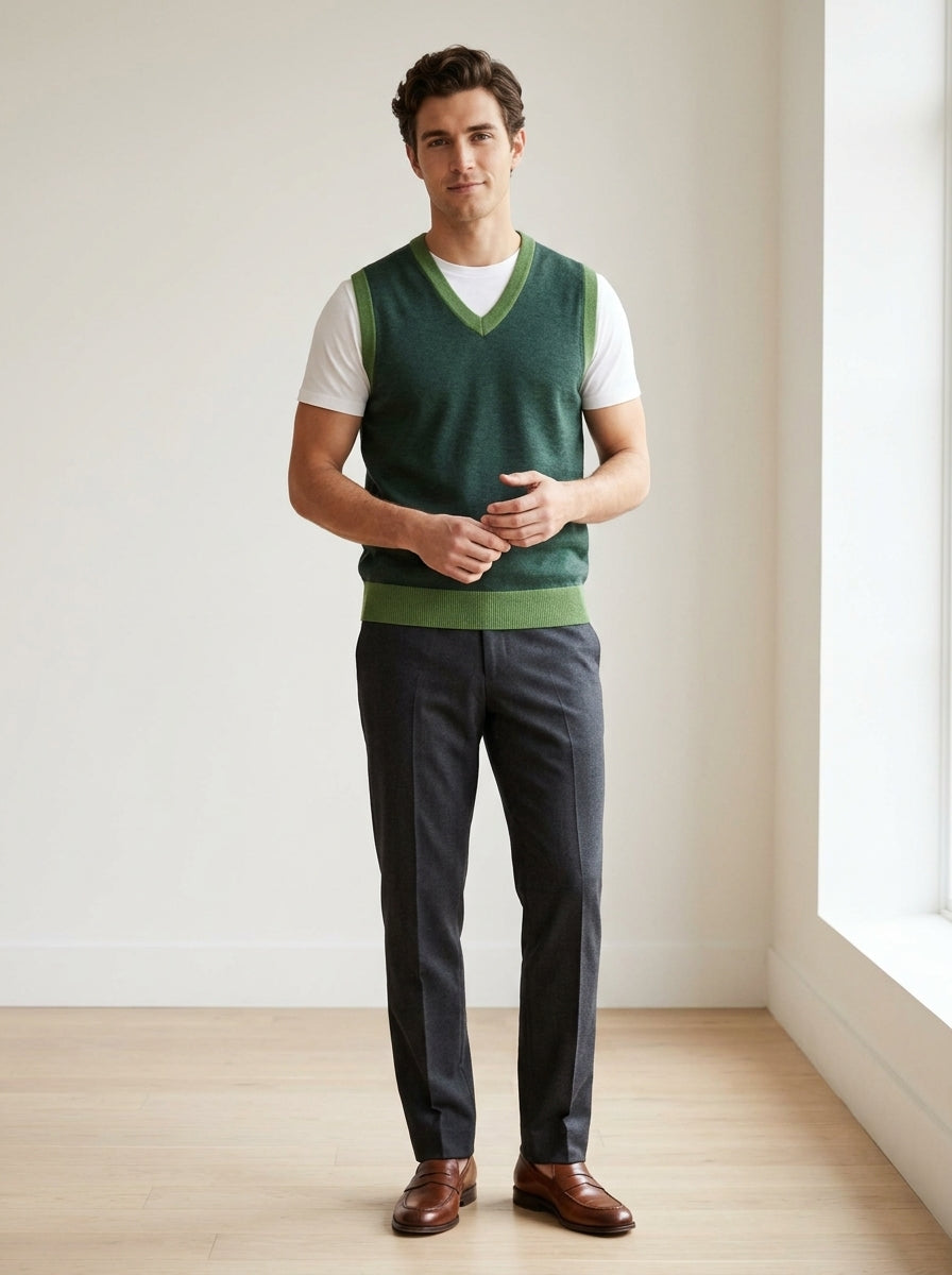 Front full look of model wearing pine green knit V-neck vest with grass green trim