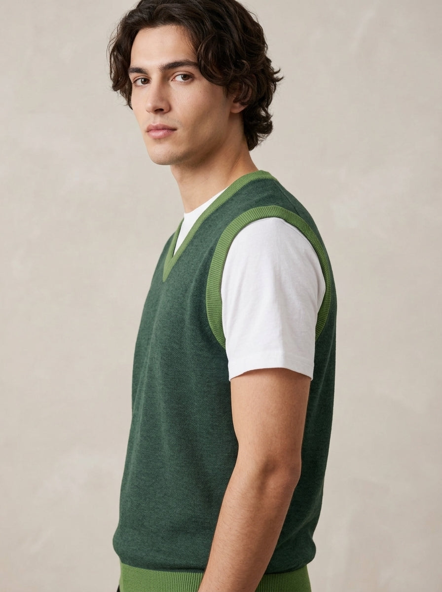 Three-quarter side angle view of model wearing knit V-neck vest
