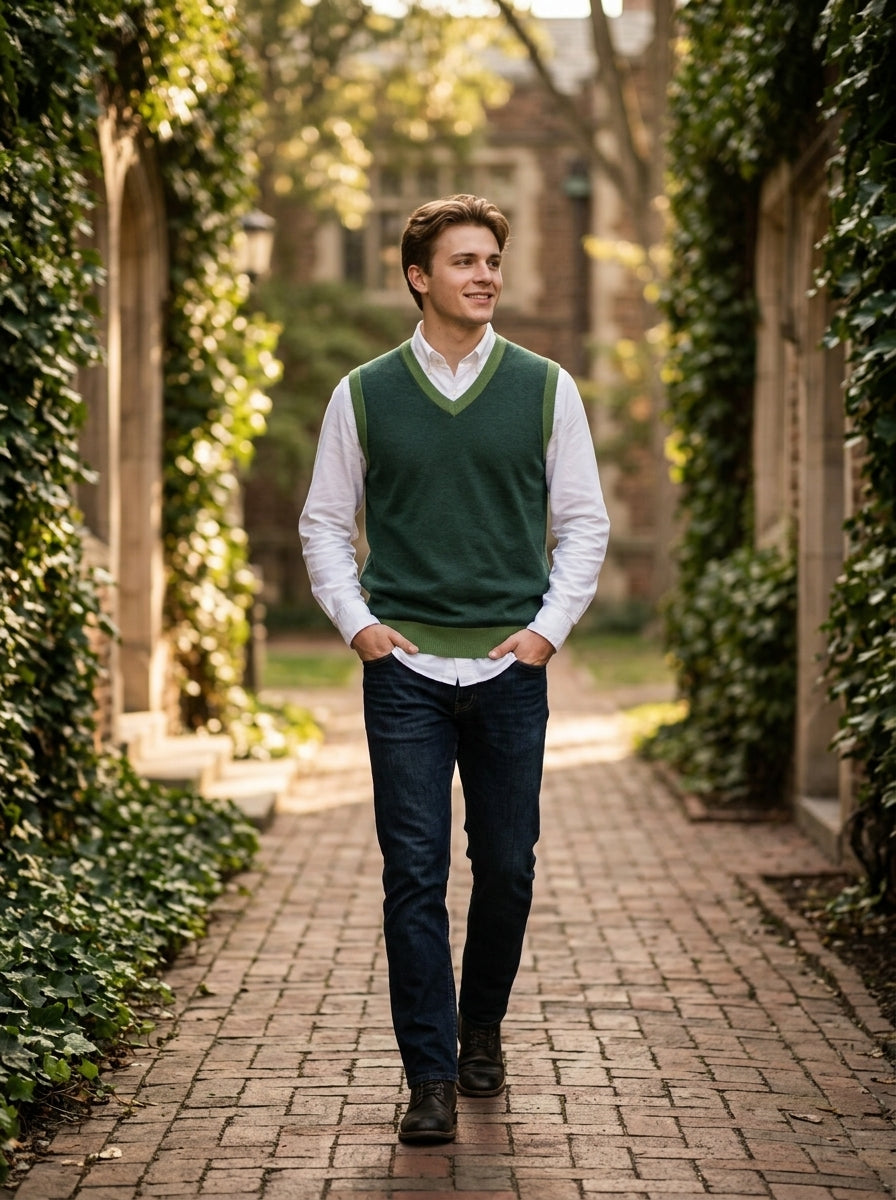 Model wearing pine green knit vest on collegiate outdoor campus walkway