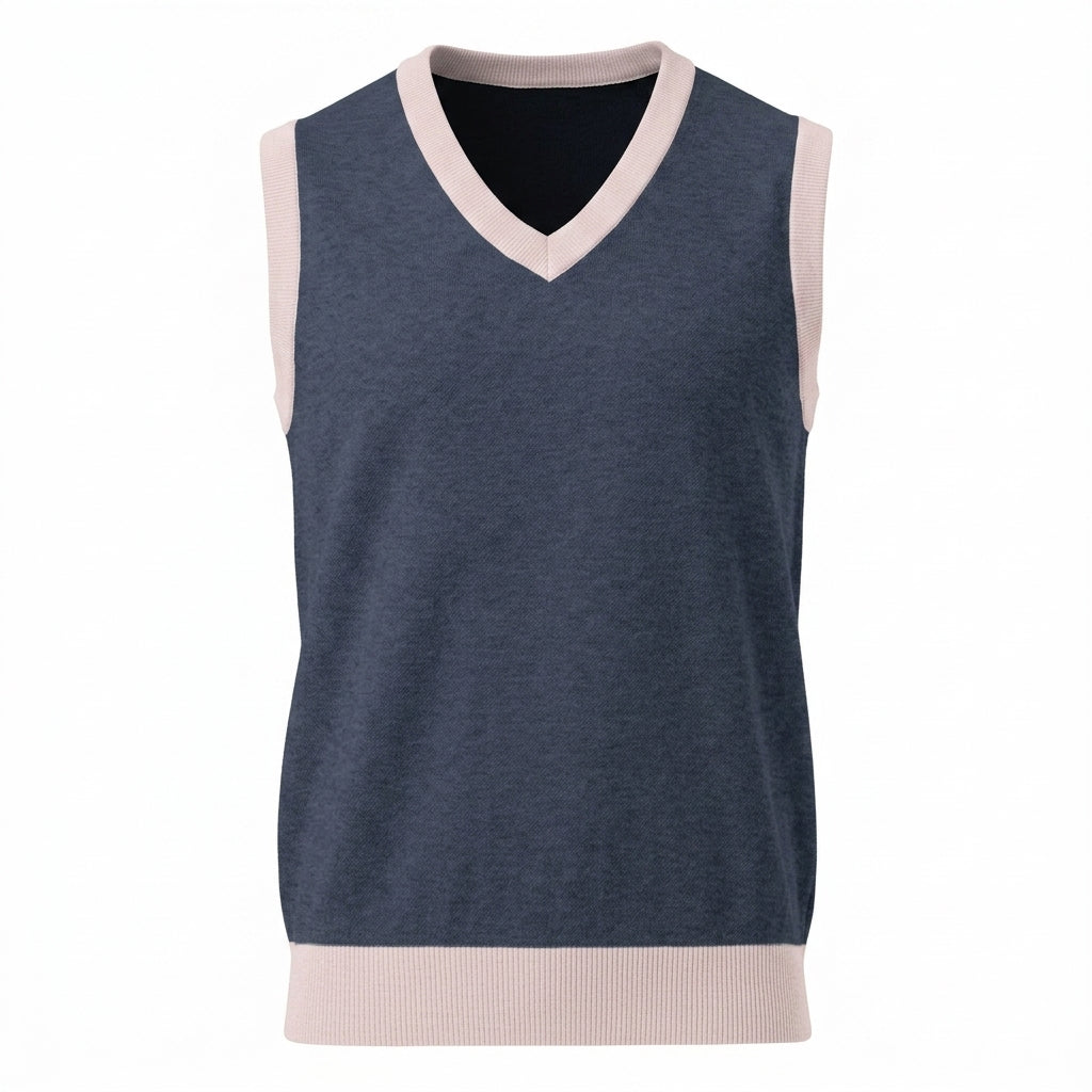 Navy and light pink knit V-neck vest studio hero shot