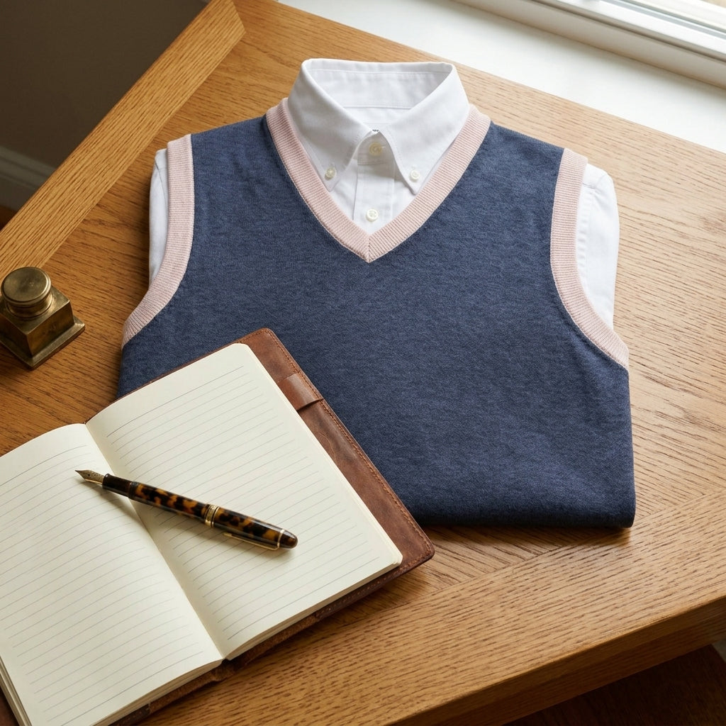 Navy knit V-neck vest styled on desk with oxford shirt