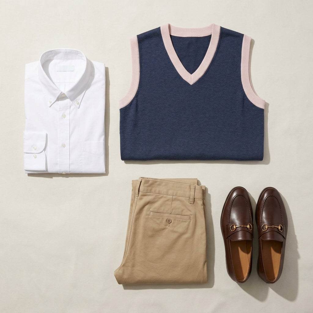 Editorial flat lay outfit styling with navy knit vest