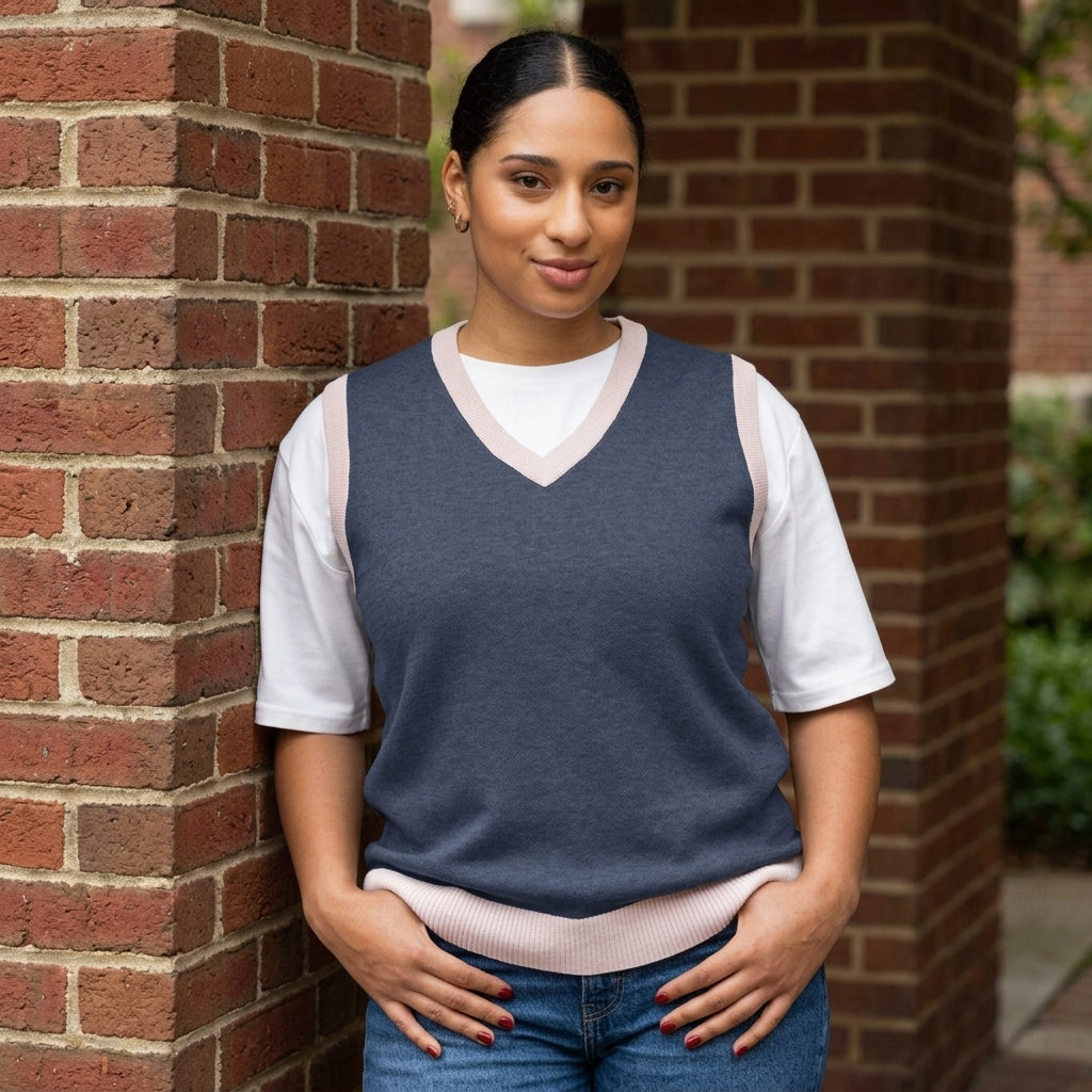 Model wearing navy and light pink knit sweater vest on campus