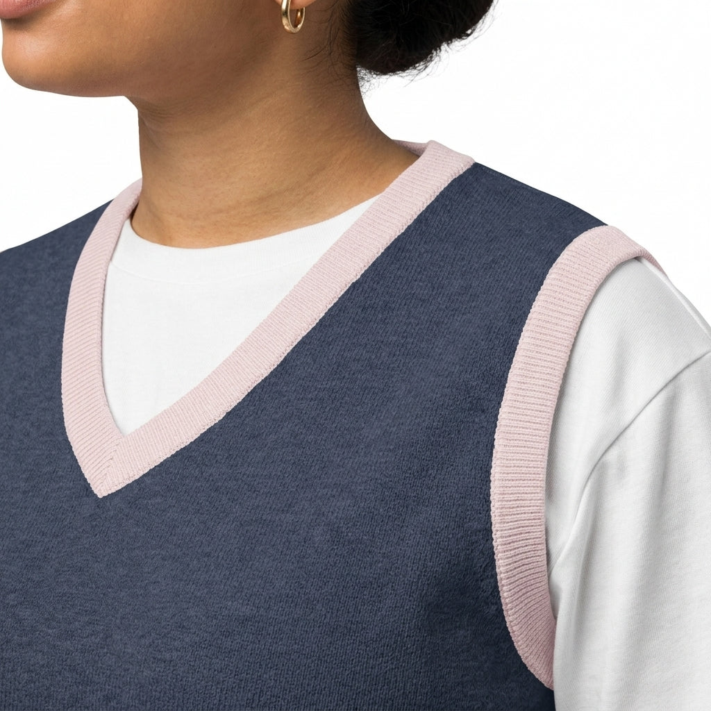 Close-up knit texture and light pink trim detail on V-neck vest