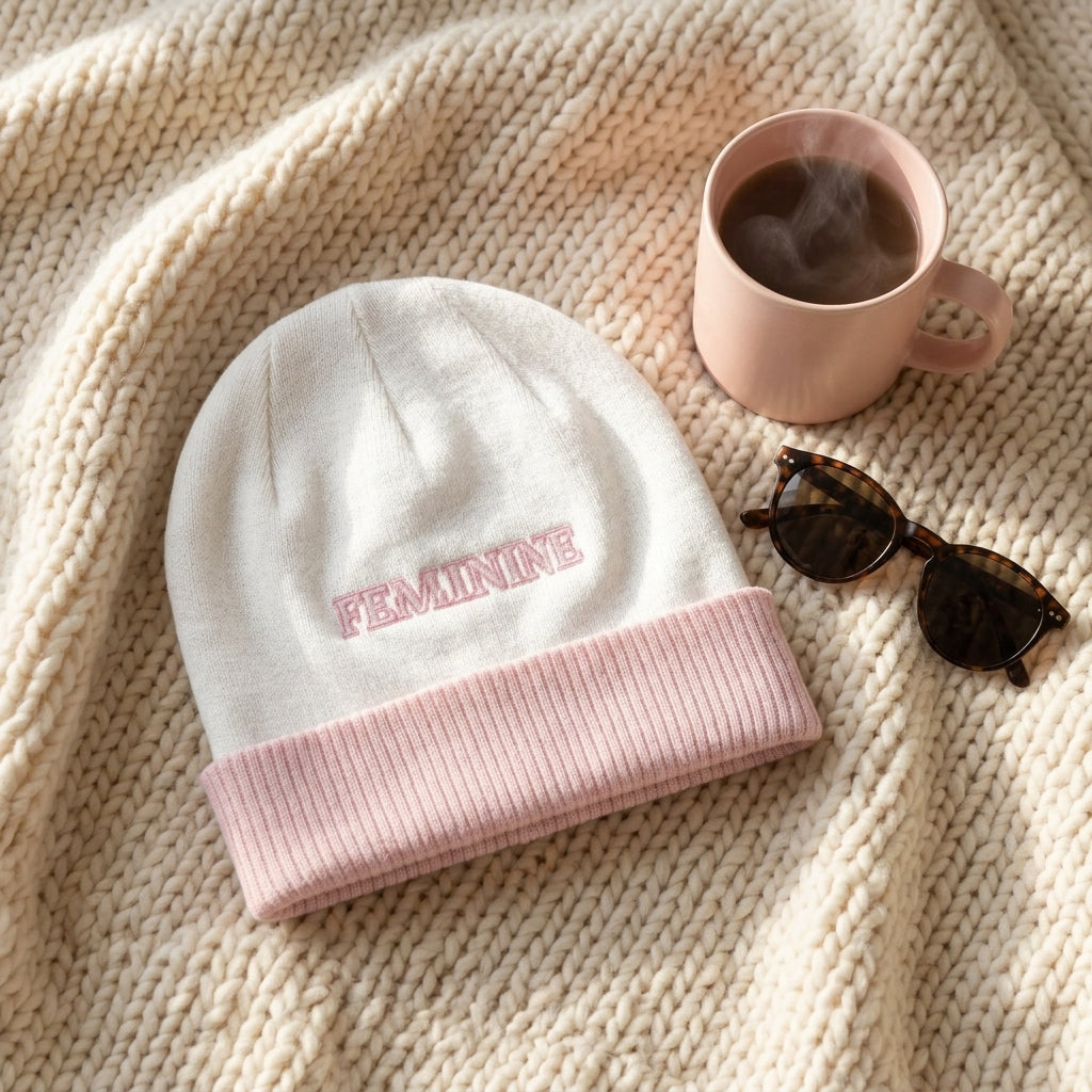 Feminine Knitted Beanie cozy lifestyle flat lay