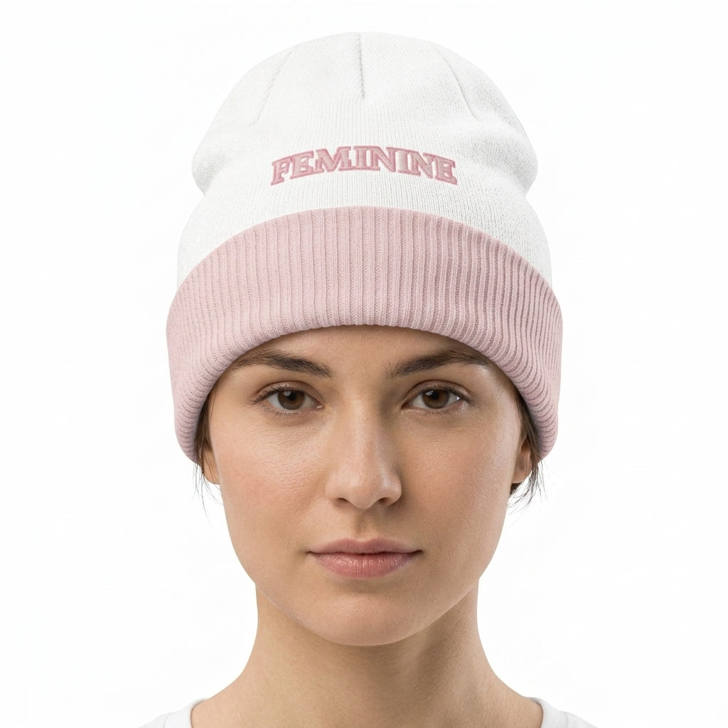 Feminine Knitted Beanie in Pink and White front studio shot