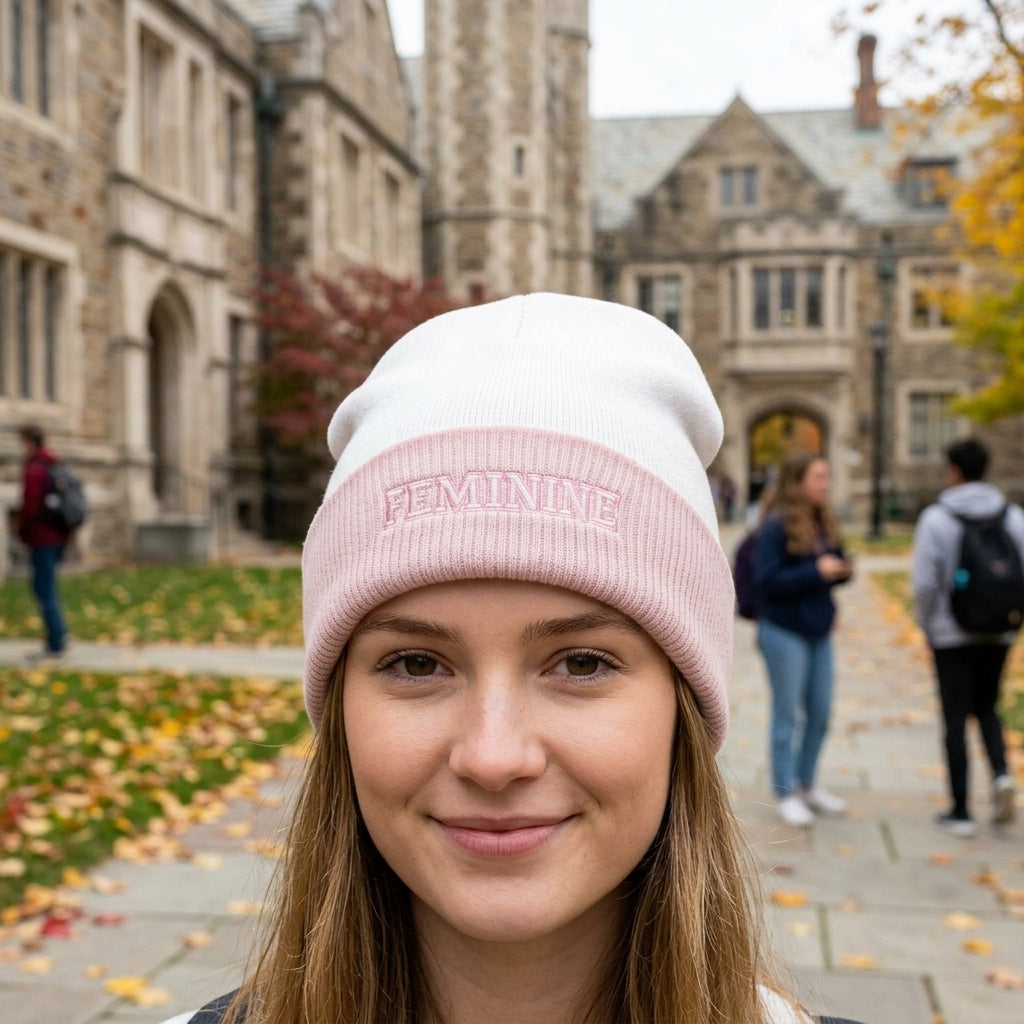 Feminine Knitted Beanie worn by model outdoors on campus