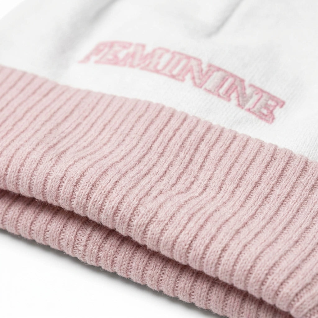 Feminine Knitted Beanie ribbed knit texture close-up