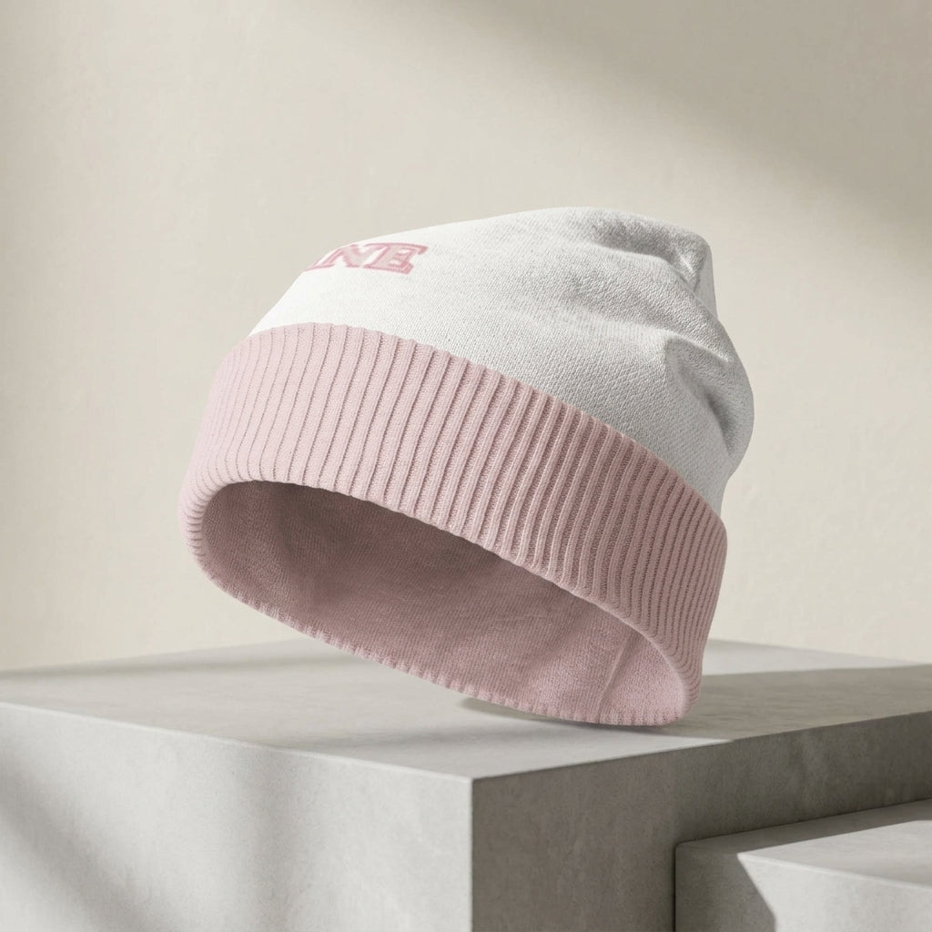 Feminine Knitted Beanie on minimalist studio pedestal