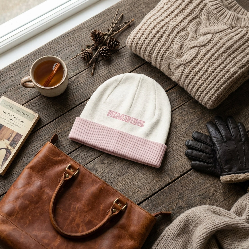 Feminine Knitted Beanie flat lay with knitwear and accessories