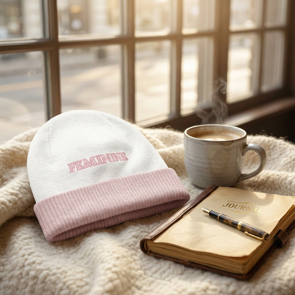 Feminine Knitted Beanie in cozy cafe lifestyle setting
