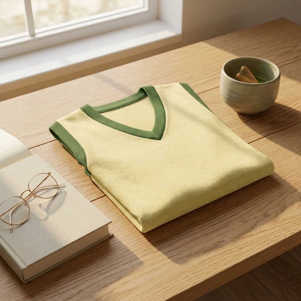 Public Prep Classic Knit V Neck Vest Lemon & Lime Lifestyle Oak Table Setup