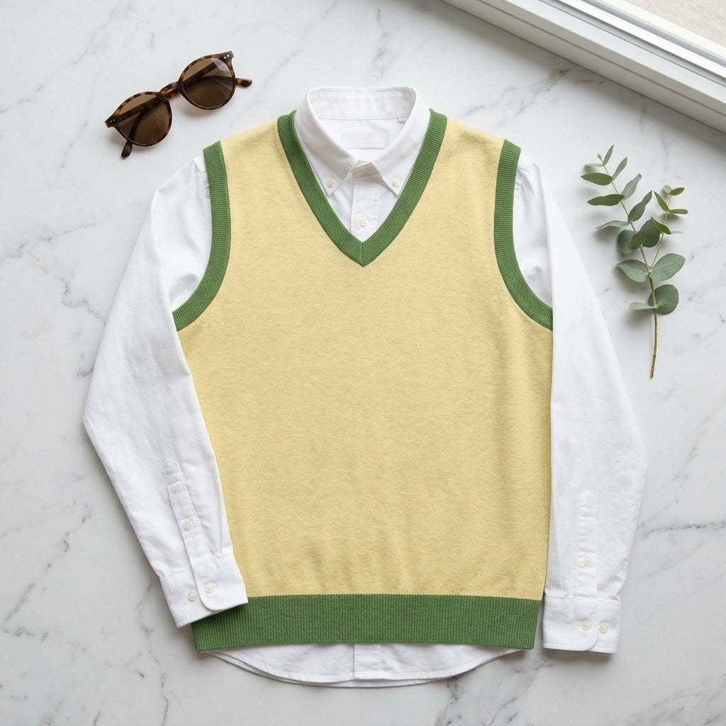 Public Prep Classic Knit V Neck Vest Lemon & Lime Lifestyle Marble Flat Lay