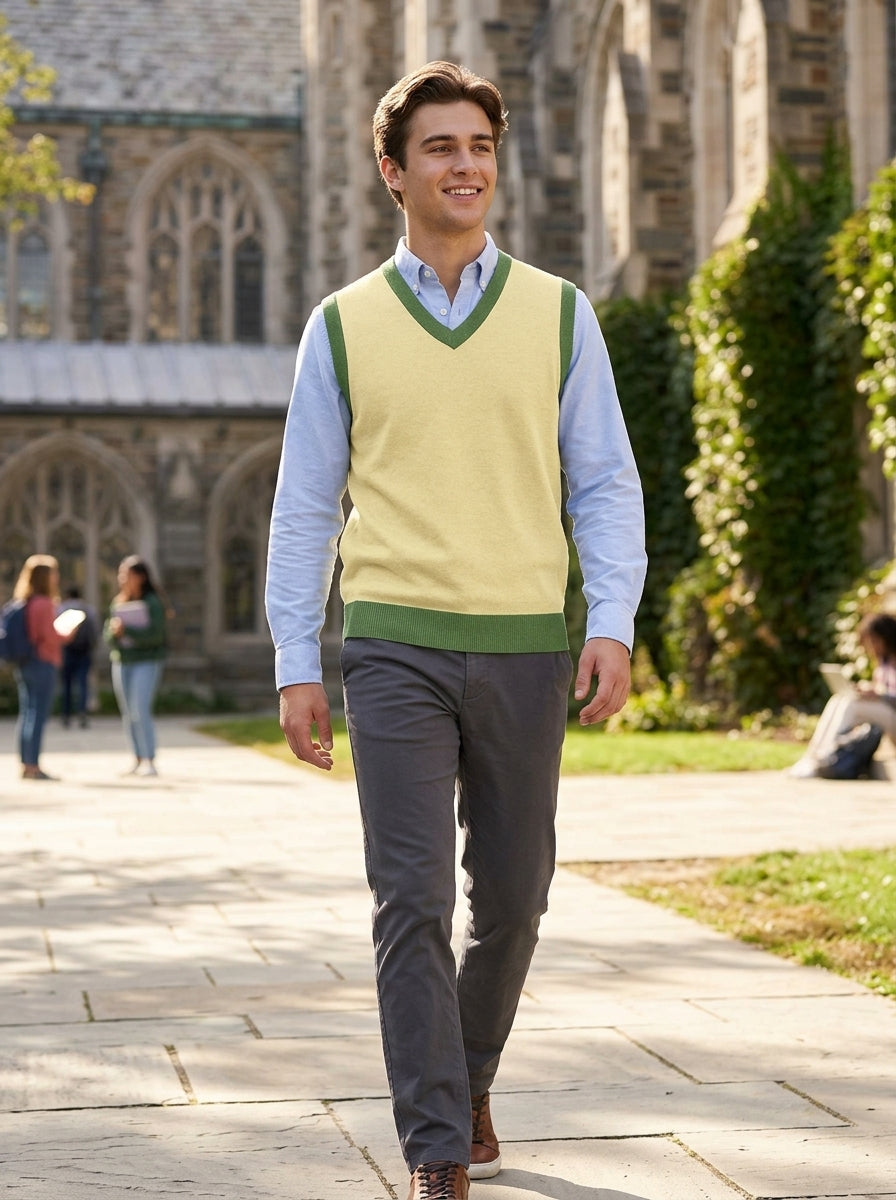 Public Prep Classic Knit V Neck Vest Lemon & Lime Outdoor Campus Try-On Scene