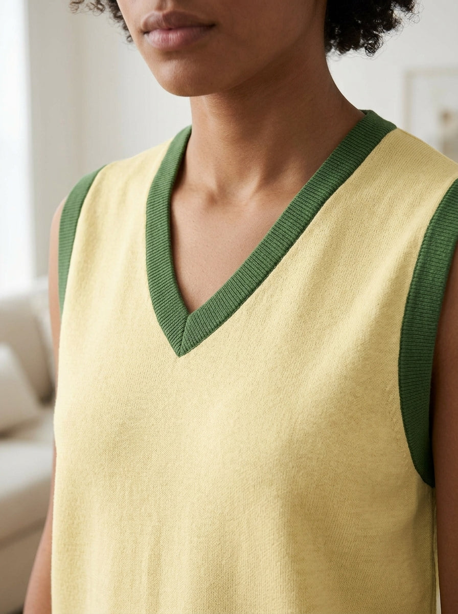 Public Prep Classic Knit V Neck Vest Lemon & Lime Close-Up Try-On Detail