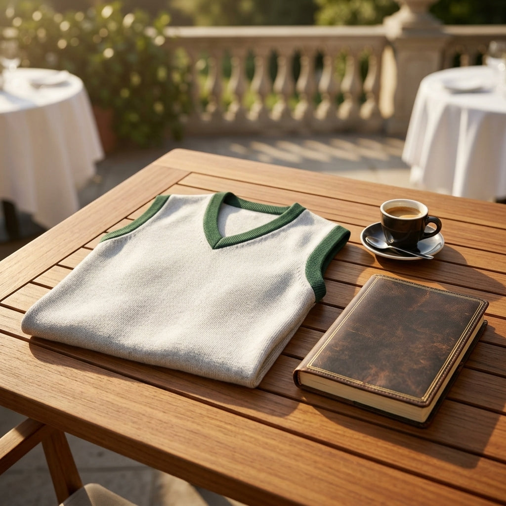 Public Prep Knit V Neck Vest on country club terrace