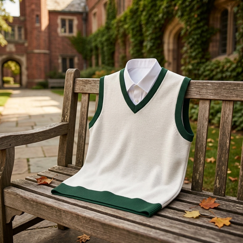Public Prep Knit V Neck Vest on collegiate campus bench
