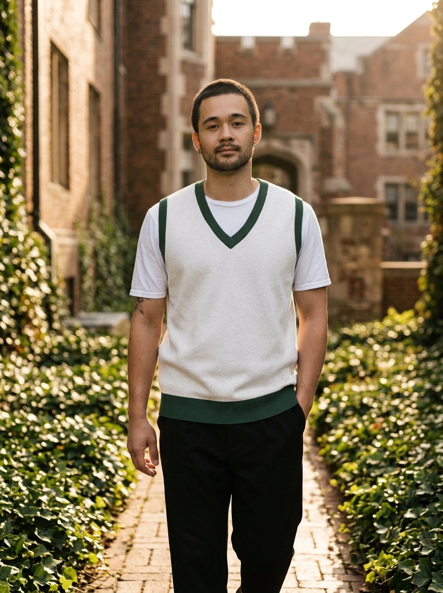 Public Prep Knit V Neck Vest on model outdoor collegiate campus
