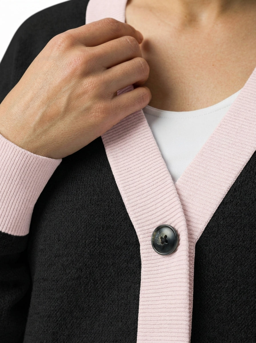 Public Prep Classic Knitted Cardigan in Black & Pink - texture and neckline close-up