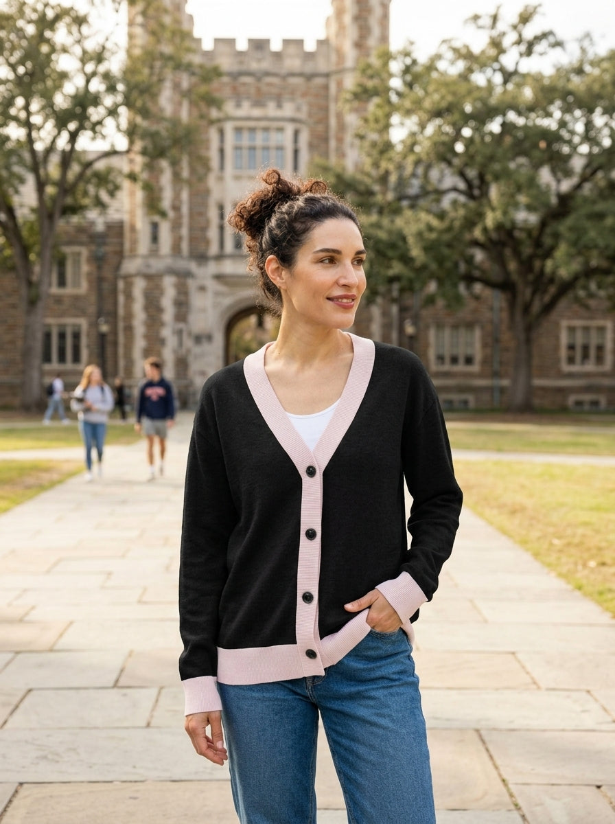 Model wearing Public Prep Classic Knitted Cardigan in Black & Pink - lifestyle setting