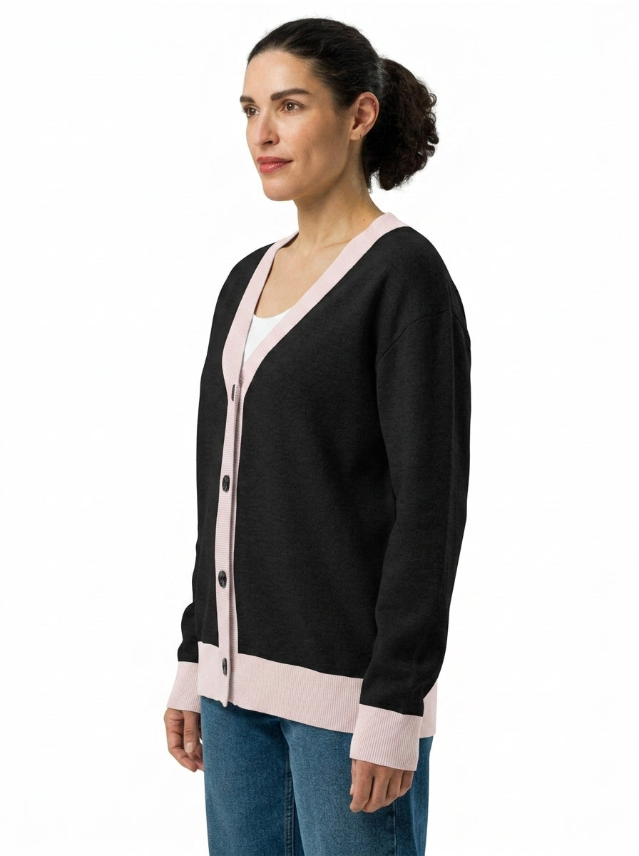Model wearing Public Prep Classic Knitted Cardigan in Black & Pink - side profile