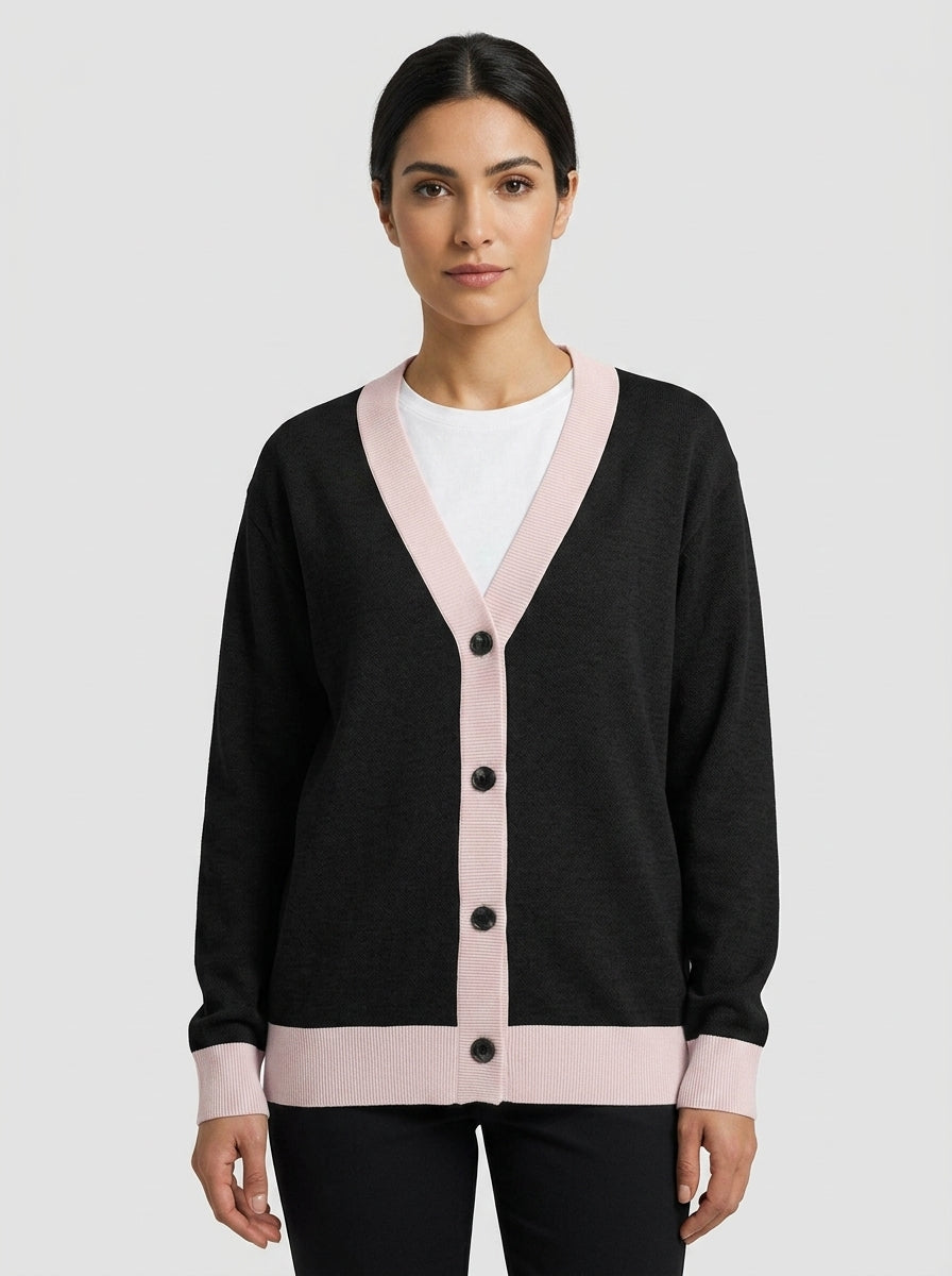 Model wearing Public Prep Classic Knitted Cardigan in Black & Pink - front view