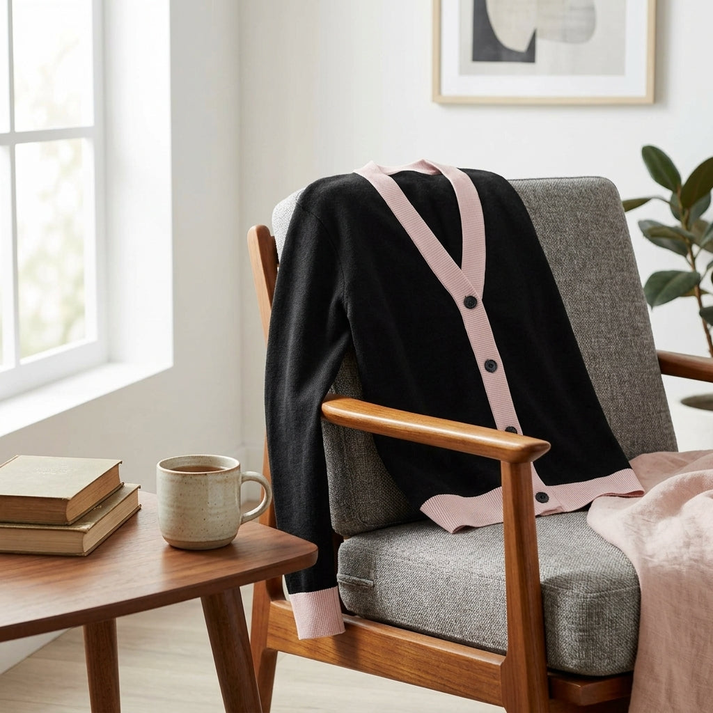 Public Prep Classic Knitted Cardigan in Black & Pink draped over mid-century chair