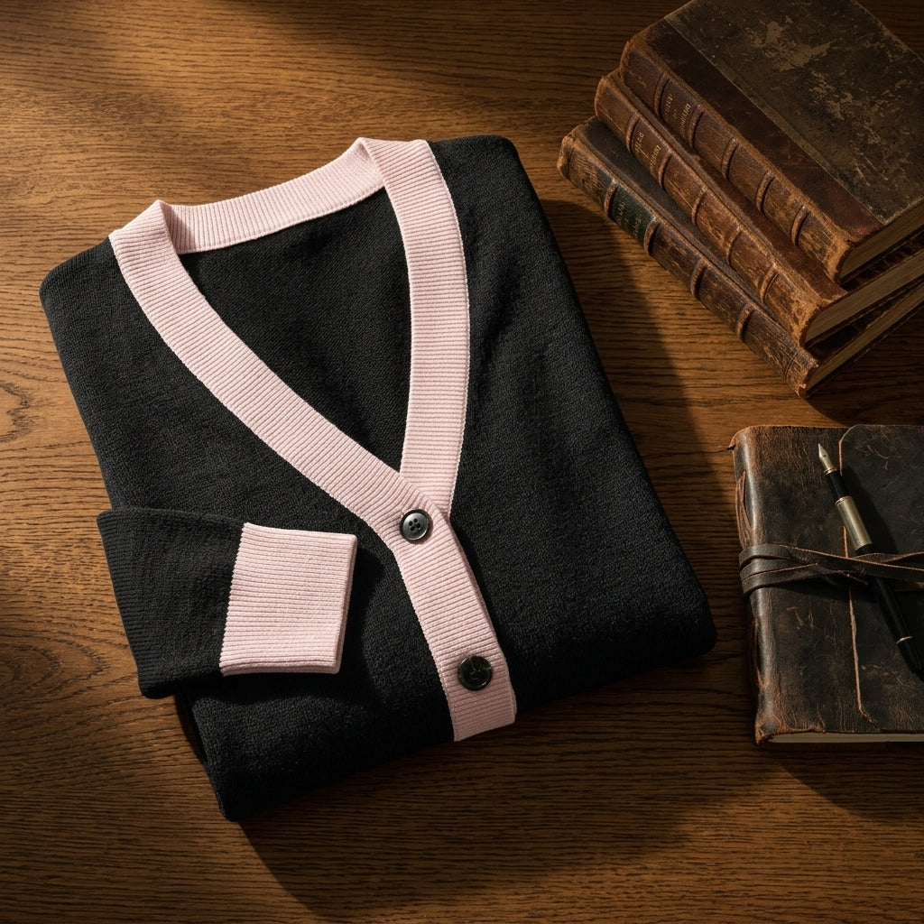 Public Prep Classic Knitted Cardigan in Black & Pink folded on dark study desk