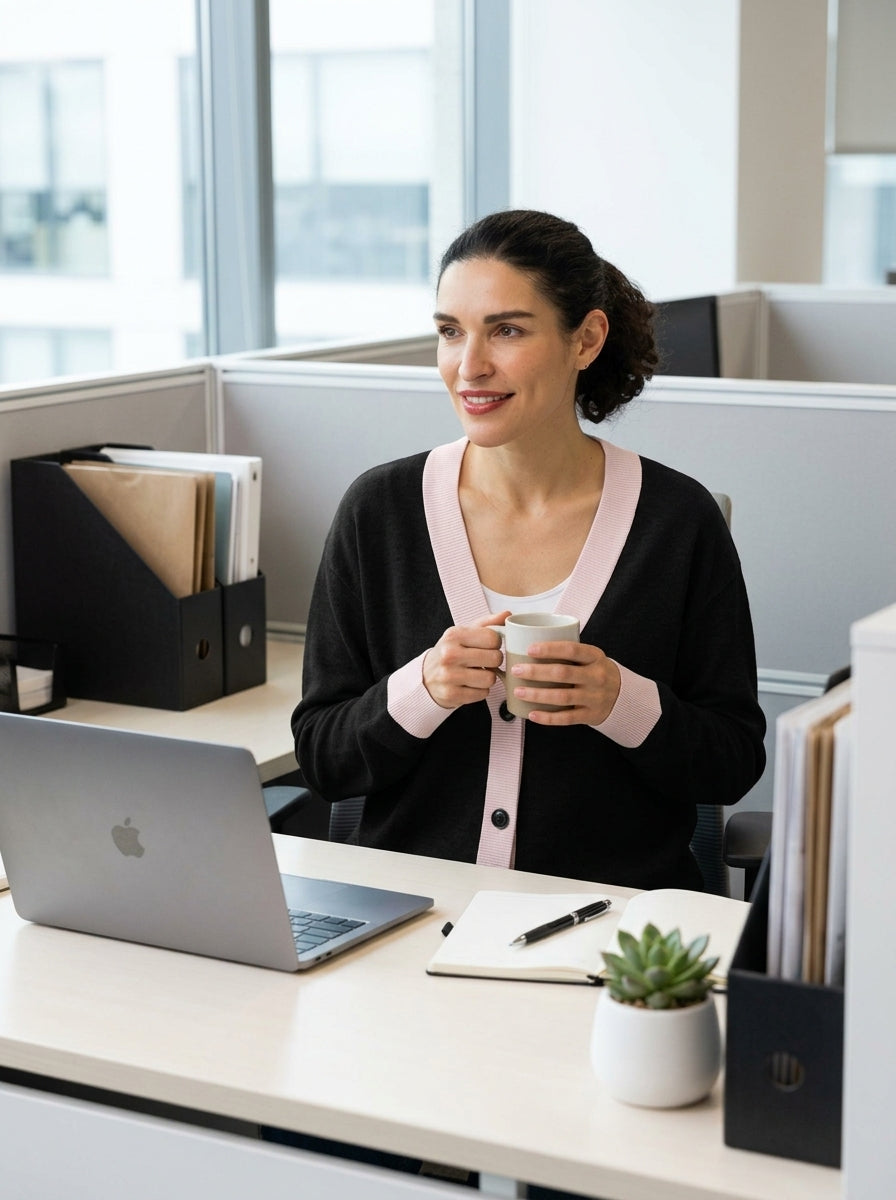 Model wearing Public Prep Classic Knitted Cardigan in Black & Pink in an office cubicle