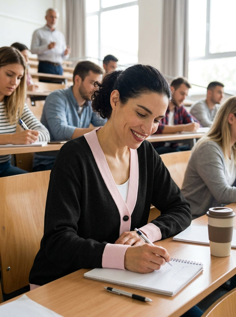 Model wearing Public Prep Classic Knitted Cardigan in Black & Pink in a university classroom