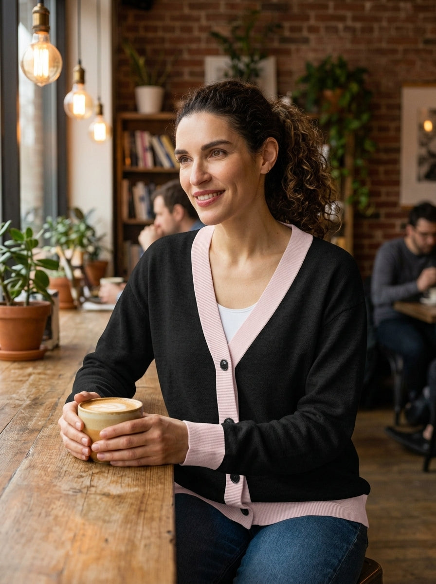 Model wearing Public Prep Classic Knitted Cardigan in Black & Pink at a coffee shop