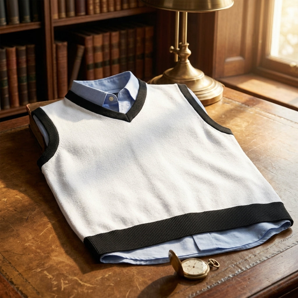 White and black knit V-neck vest in collegiate library setting