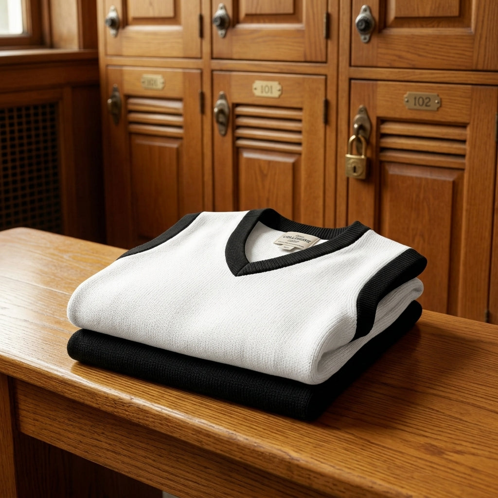 White and black knit V-neck vest in vintage locker room setting