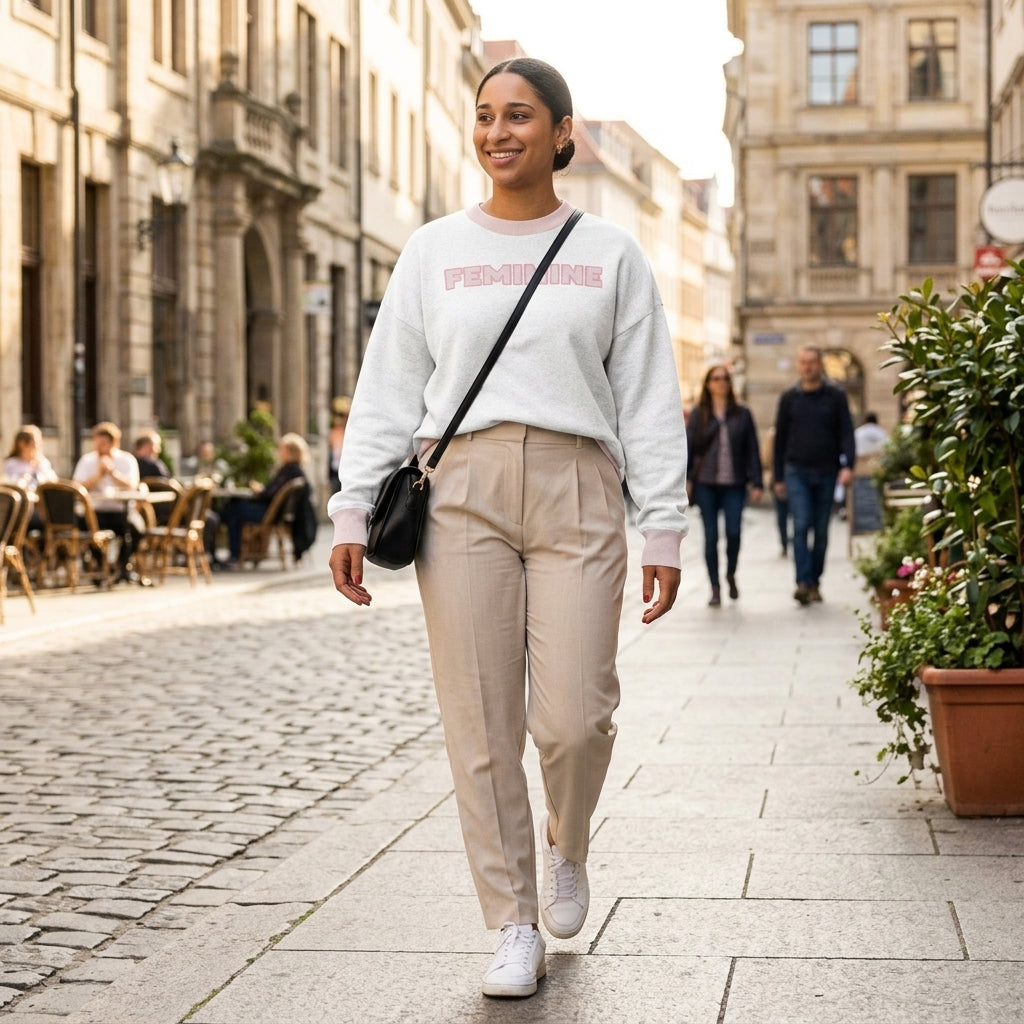 "Feminine" Relaxed Fit Knitted Crew Neck Sweater - Full Outfit Street Style