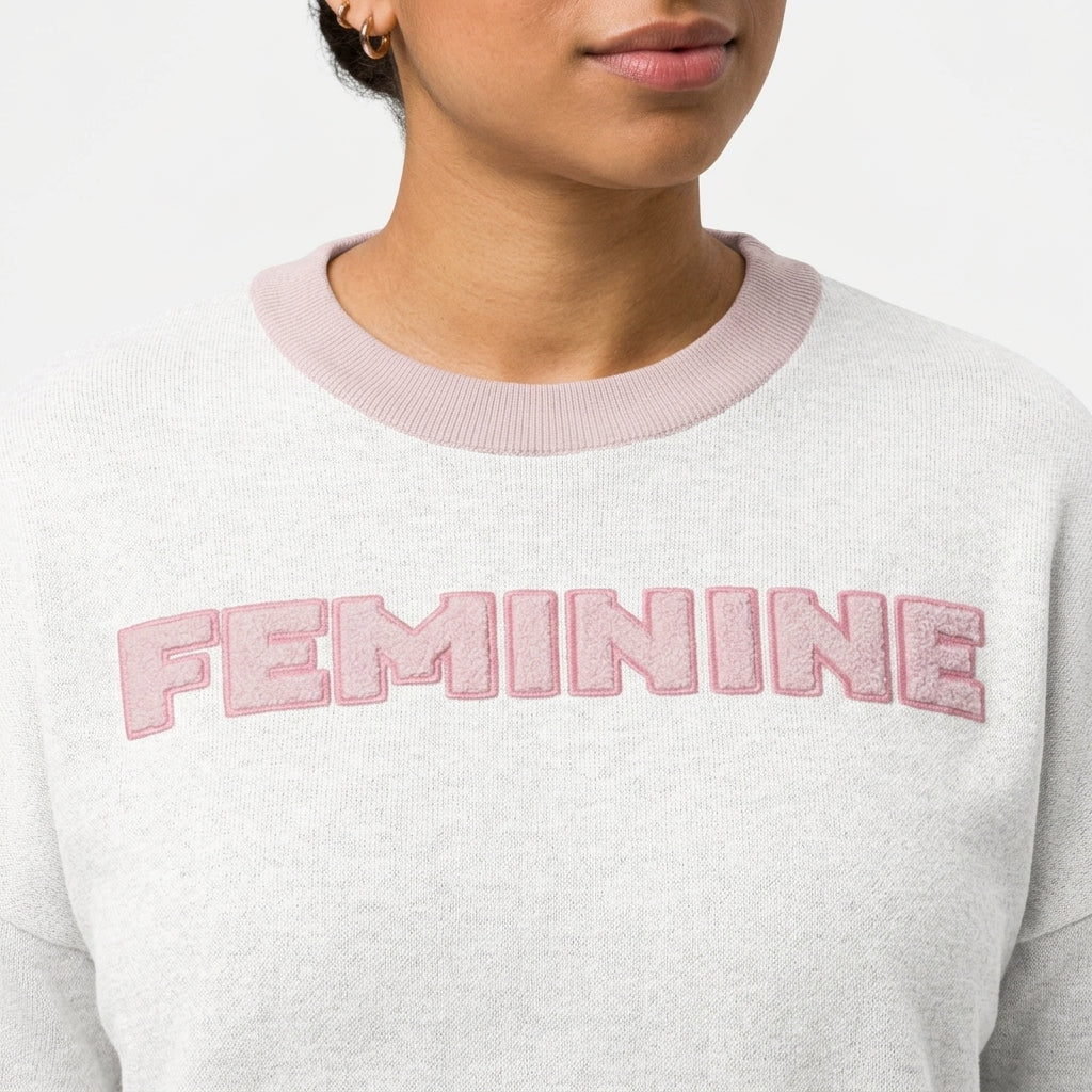"Feminine" Relaxed Fit Knitted Crew Neck Sweater - Lettering and Knit Detail