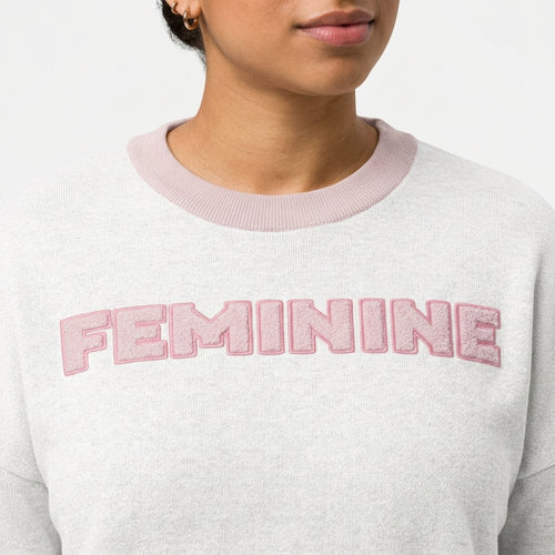 "Feminine" Relaxed Fit Knitted Crew Neck Sweater - Lettering and Knit Detail