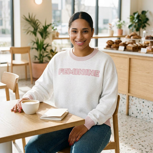 "Feminine" Relaxed Fit Knitted Crew Neck Sweater - Lifestyle Cafe View