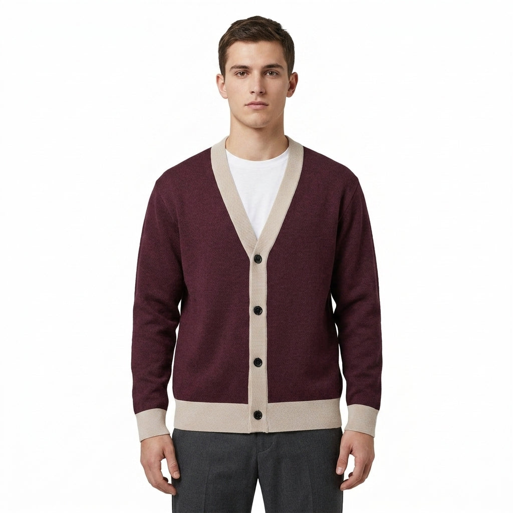 Public Prep Classic Knitted Cardigan in Maroon and Beige pure white studio hero shot