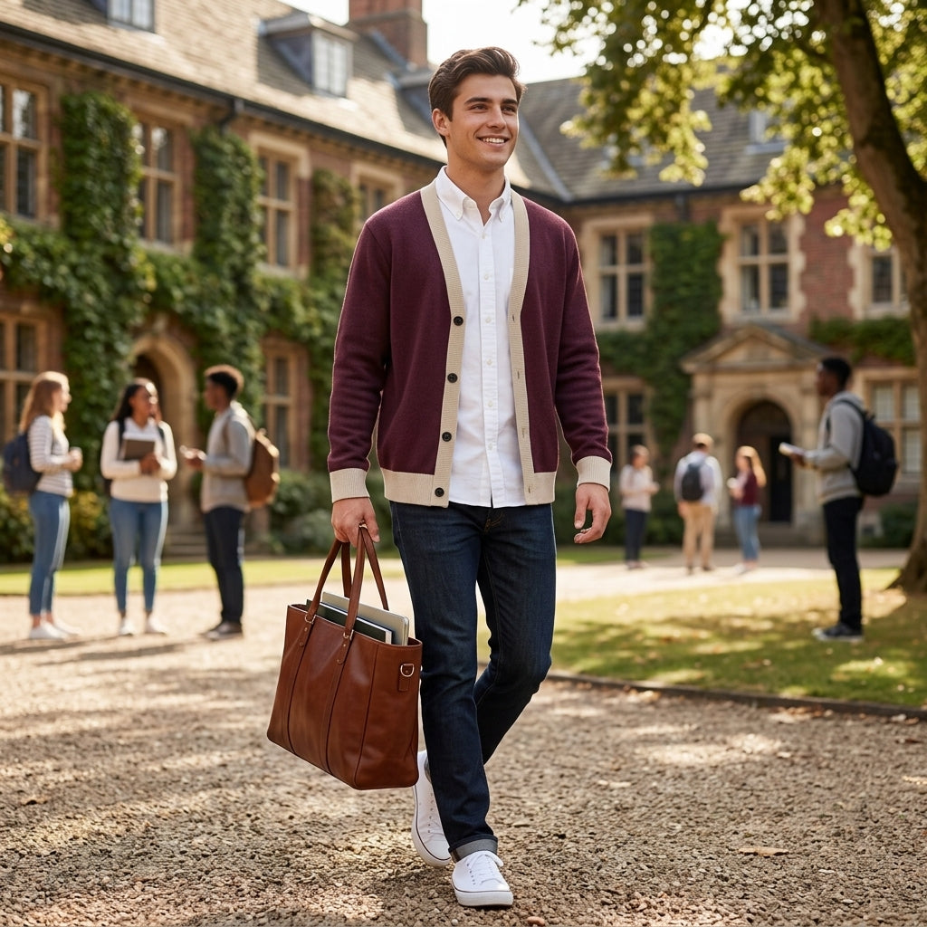 Public Prep Classic Knitted Cardigan in Maroon and Beige on model walking collegiate campus