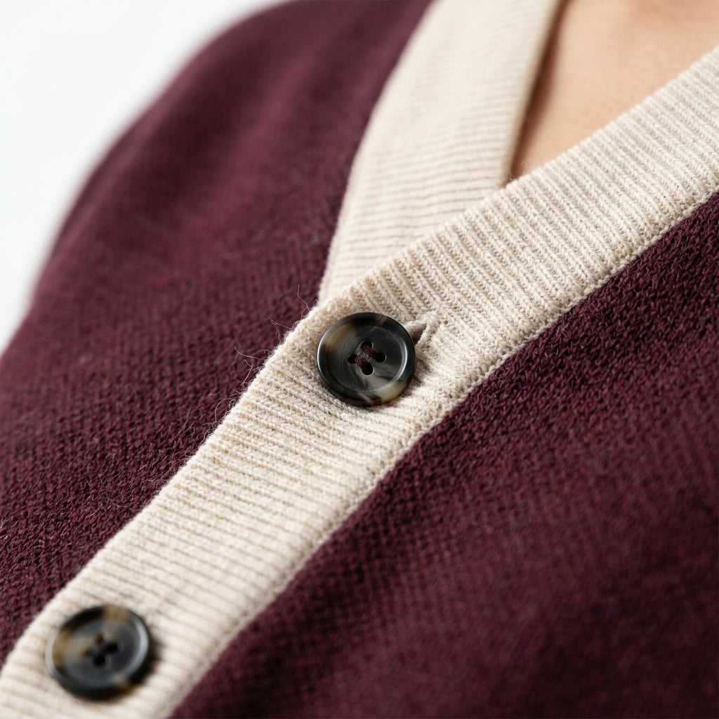 Public Prep Classic Knitted Cardigan close-up of knit fabric and beige placket detailing