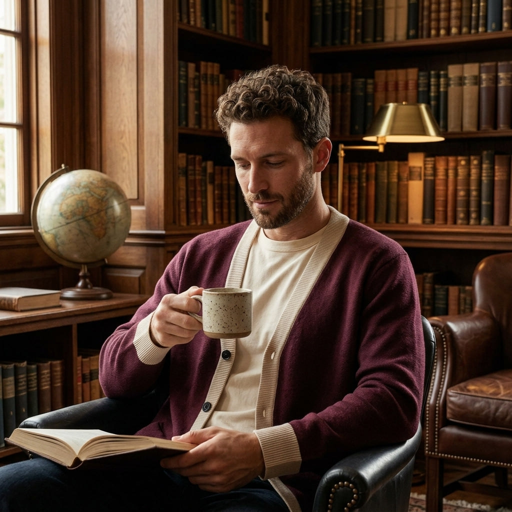 Public Prep Classic Knitted Cardigan styled on model in university library cafe